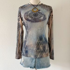 MUSHKA By Sienna Blue Graphic Y2K Grunge Whimsy Fairy Core Long Sleeve Top Sz L